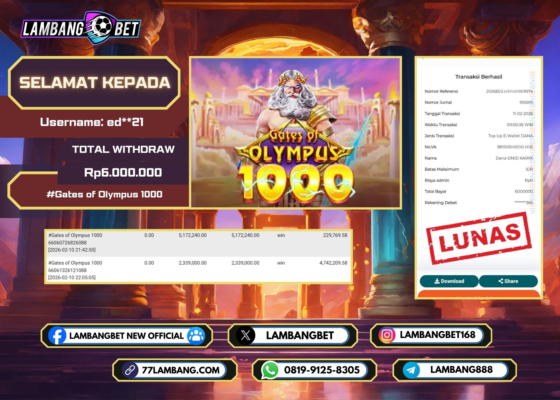 LAMBANGBET [11 FEBRUARI 2026] JACKPOT SLOT Starlight Princess "Rp6.000.000" LUNAS